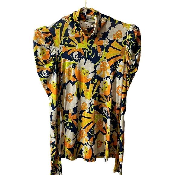 Tanya Taylor Floral Puff Sleeve Retro Style Turtleneck Top Size Small - Picture 1 of 7